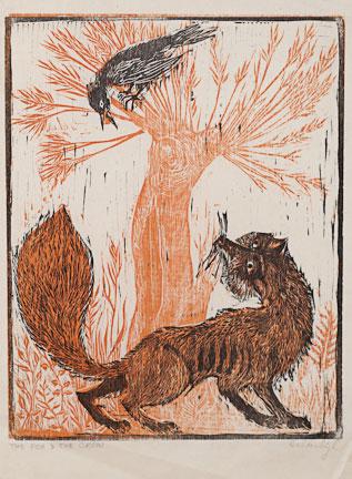 Helen K. Siegl, The Fox and the Crow, woodcut, illustration from Aesop's Fables, retold by Anne Terry White.