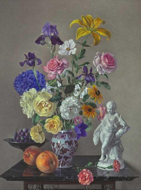James Plumb, Floral with Peaches, Grapes and Harvest Figure, Oil, 2010, collection of the artist.