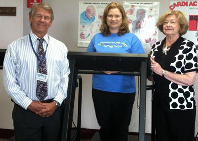 Pictured in Cardiac and Pulmonary Rehab at Dorchester General Hospital are (from left to right) Gary Jones, RCP, FACCA, Director of Cardiovascular and Pulmonary Services for Shore Health; Mary Beth Linthicum, RN, RRT; and Ida Jane Baker, president, Dorchester General Hospital Foundation.  