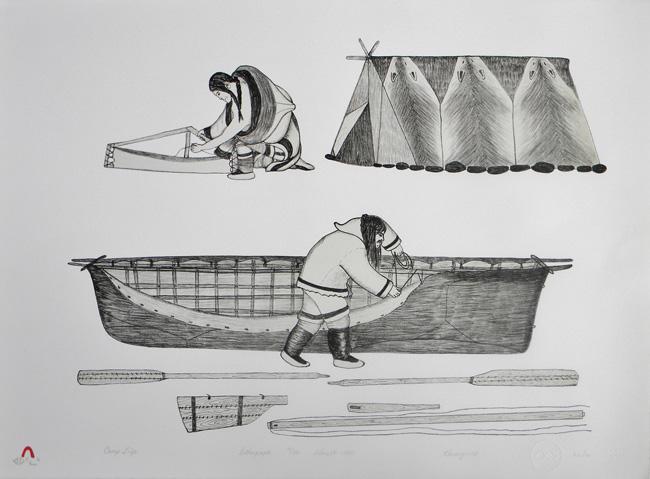 The 1980 lithograph “Camp Life” by Kananginak Pootoogook will be on display at the Dorchester Art Center starting Friday, July 5.  Notice that the tent is made of seal skins, as is the handmade boat, called an umiak. 