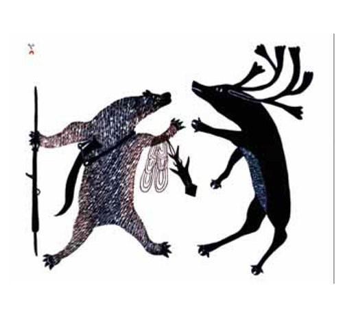 “Confrontation,” a stonecut by noted artist Pudlo Pudlat, reflects the artist’s sense of humor in this depiction of a confrontation between a caribou and a bear outfitted as a hunter. It is one of the many prints that is on display at Out of the Fire. 