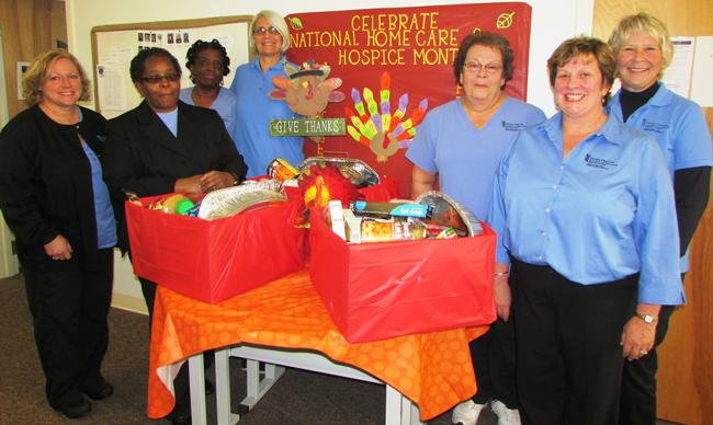 Shown with 200-plus pounds of dry and canned goods donated by staff of UM Shore Home Care and Hospice are: Trish Focht, RN, hospice supervisor; Rita Holley, BSN, MS, director; Penny DeShields, home health aide; Bobbie Wells, BSN, customer care nurse; Barbara Cole, RN, BSN, home health supervisor; Debbie Reeder, RN, home health manager, and Alice Ofano, LSCW, social worker. The goods were delivered with frozen turkeys to three Shore Home Care and Hospice patients and their families on November 21. 
