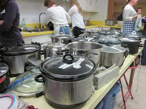 After the dinner, pots that once held soup now clean and waiting to be reunited with the cooks that brought them