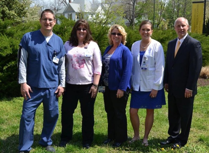 University of Maryland Shore Regional Health’s team entering “Rappel for Kidney Health” in Baltimore June 6-7 includes, left to right: Michael Varnish, radiology technician; Wendy Greenwood, transplant coordinator; Trish Rosenberry, manager of outpatient services and team captain; Jessica Fluharty, neuroscience specialist; and Ken Kozel, president and CEO of UM Shore Regional Health. 