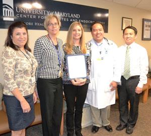 Members of the UM Center for Diabetes & Endocrinology staff with the proclamation from the Talbot County Council declaring November, 2014 as National Diabetes Awareness Month. Shown from left to right are two of the Center’s diabetes educators, Karen Hollis, RDN, CDE and Karen Canter, BSN, RN; Doris Allen, RN, CDE, lead educator for the Center;Kenneth Patrick Ligary, MD, medical director, and Faustino Macuha, Jr., MD. 