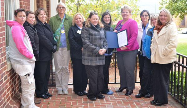 Shore Home Care staff with their proclamation from the Talbot County Council: Caren Wallstater, RN, Leslie Hambleton, Kristin Dickerson, Barbara Wells, RN, Trish Focht, RN, Michelle Hilton, Hope Taylor, RN, Brenda Richter, RN, Kelly Lord, RN, Kim Price, RN and Patricia Starkey, RNC 