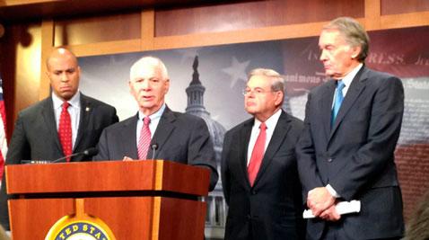 Sen. Ben Cardin, D-Md., second from left spoke Tuesday at a press conference with Sen. Cory Booker, D-NJ., Sen. Robert Menendez, D-NJ. and Sen. Edward Markey, D-Mass., opposing offshore drilling in the Atlantic Ocean proposed by the Obama administration. Photo by Alicia McElhaney for CNS