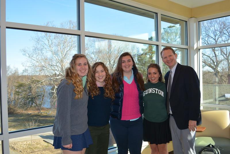 Pictured Left to Right Emily Jackson '16, Clare Ingersoll '15, Abigail Barcus '16, Aggie Raymond '16 and Headmaster John Lewis.