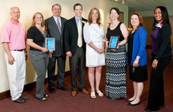 UM Shore Regional Health President and CEO Ken Kozel, left, and Chris Parker, CNO and Vice President, Clinical Services, third from left, with Unit Award winners Susan Walbridge, Tyler Gogoll, Dana Foster, Claudia Tilley, Bernadette Wood and Antoinette Baines. 