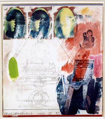 Robert Rauschenberg, Thai II, 1983, Solvent Transfer, watercolor, gouache, and tape on Japanese dedication board, 10 ¾ X 9 9/16 inches (27.3 X 24.3 cm), Robert Rauschenberg Foundation, RRF: 83.DO37, Art © Robert Rauschenberg Foundation/Licensed by VAGA, New York, NY.
