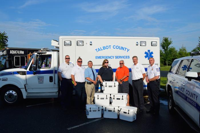 Pictured, from left: Capt. David Timms, Lt. Richie Bobitka, Wayne Dyott, president of the Talbot County Paramedic Foundation, EMT Becky Towers, Dan Bridges, President and CEO of Aqua Pools, DES Director Clay Stamp, and Emergency Services Division Chief Brian LeCates.